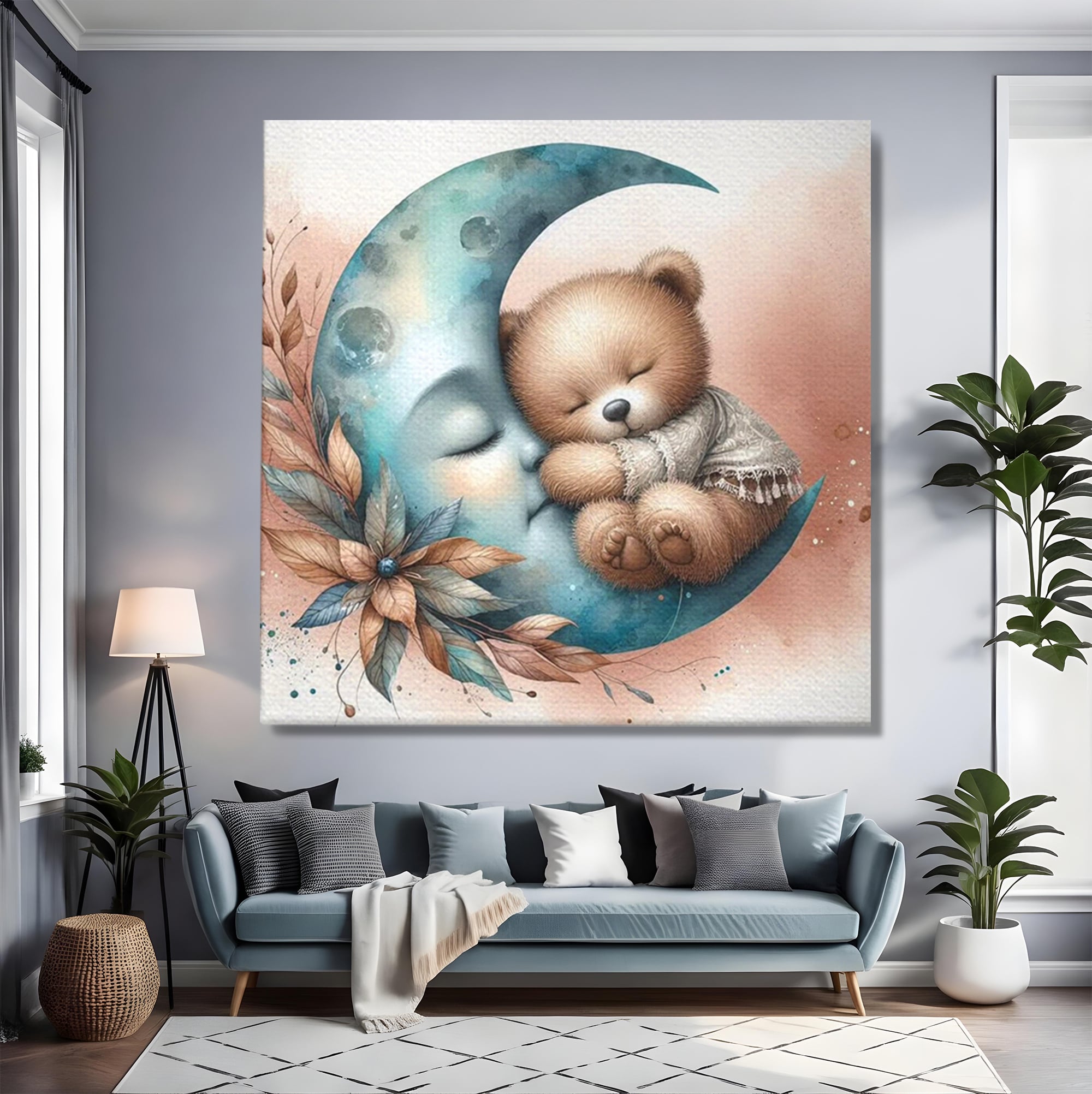 Tablou canvas cu tablou canvas cu ursulet adormit pe luna, fara rama, pe sasiu de lemn, pe perete intr-un living